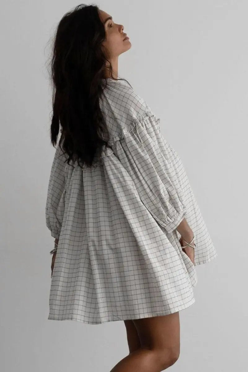 White Stripe Checkered Frilled V Neck Bracelet Sleeve Babydoll Dress - Love Salve